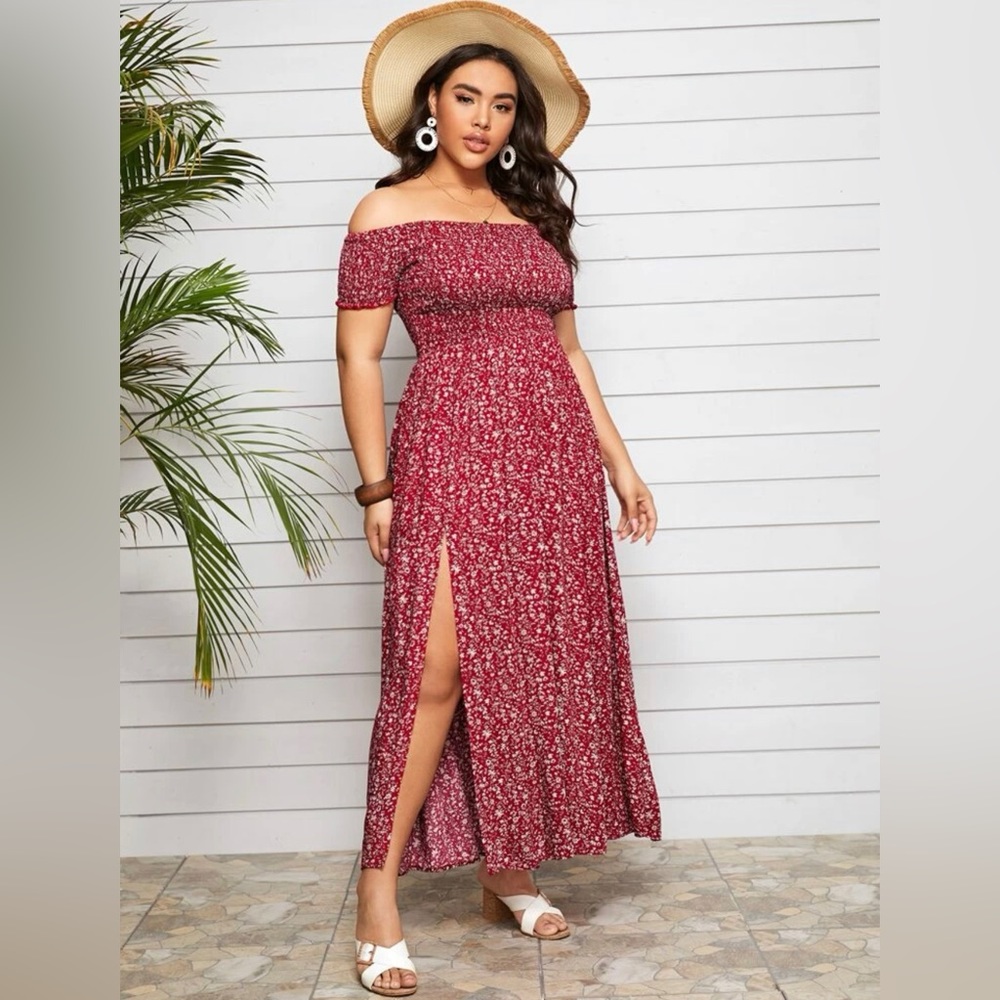 Plus Off Shoulder Shirred Split Ditsy Floral Dress | size 1XL | color burgundy
